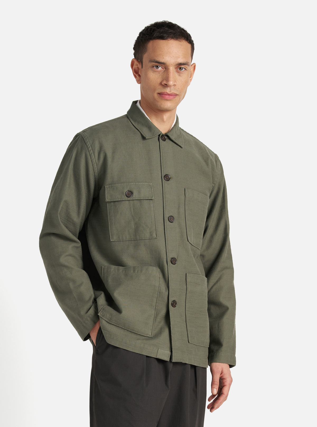 Universal Works Dockside Jacket in Olive Slub Sateen