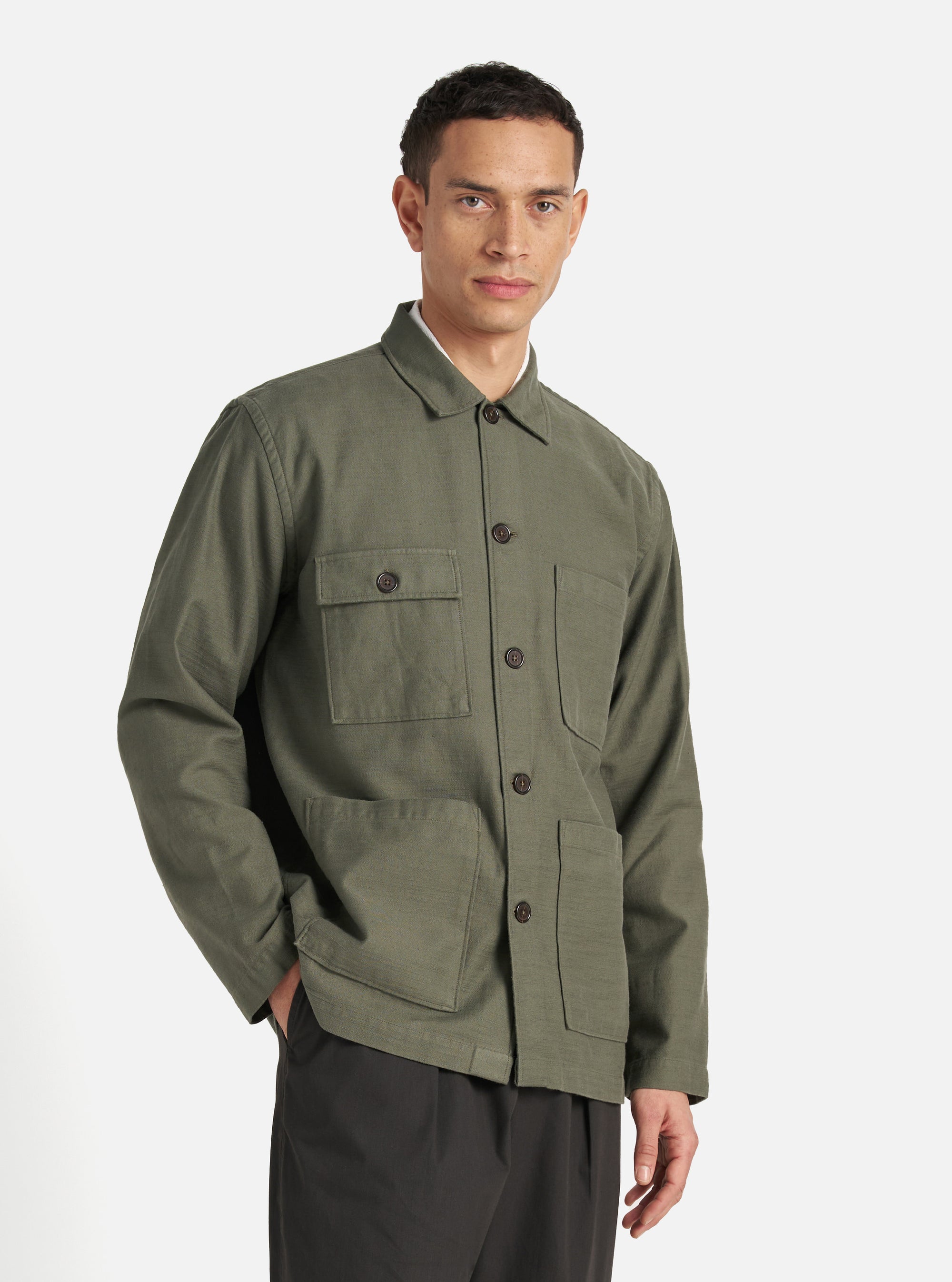 Universal Works Dockside Jacket in Olive Slub Sateen