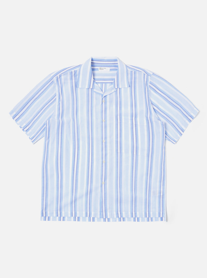 Universal Works Camp Shirt in White/Blue Pop Stripe Two