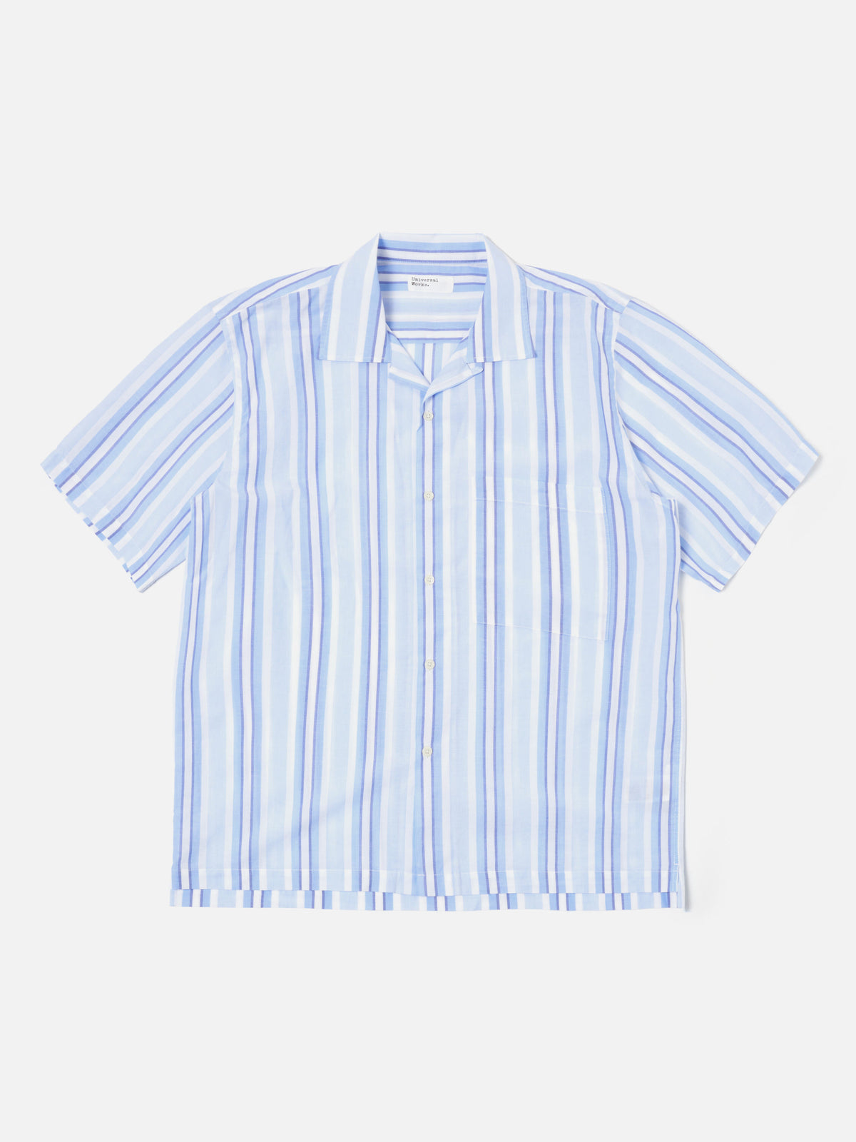 Universal Works Camp Shirt in White/Blue Pop Stripe Two