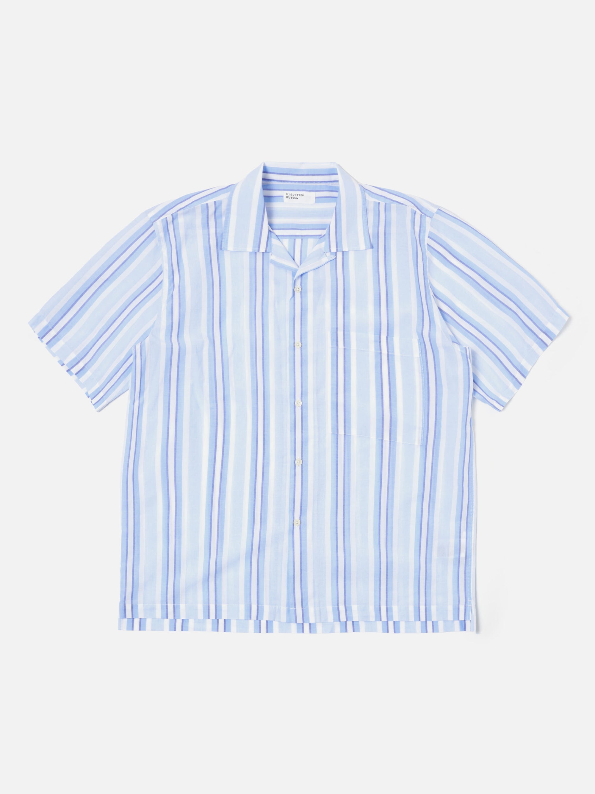 Universal Works Camp Shirt in White/Blue Pop Stripe Two