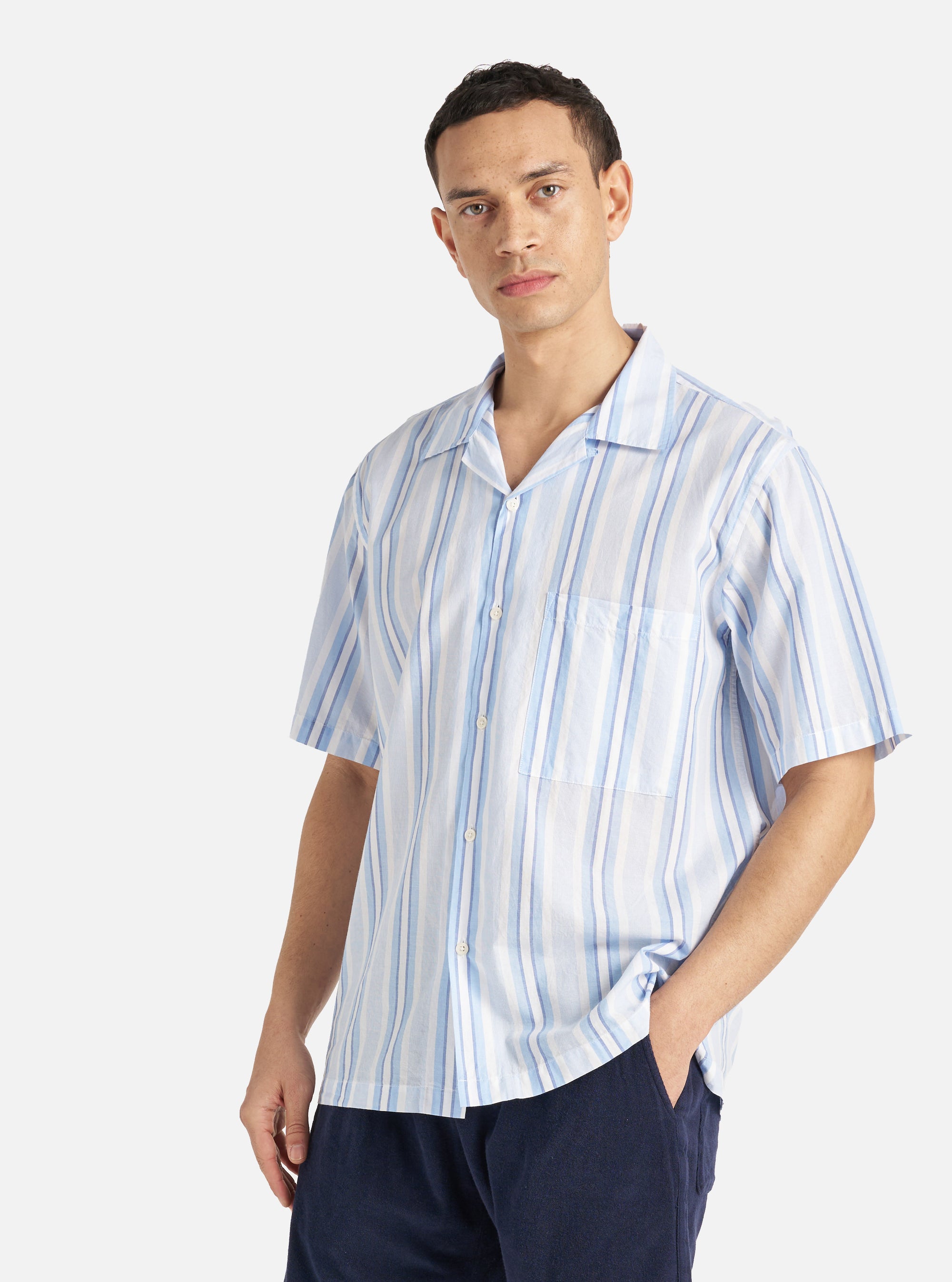 Universal Works Camp Shirt in White/Blue Pop Stripe Two