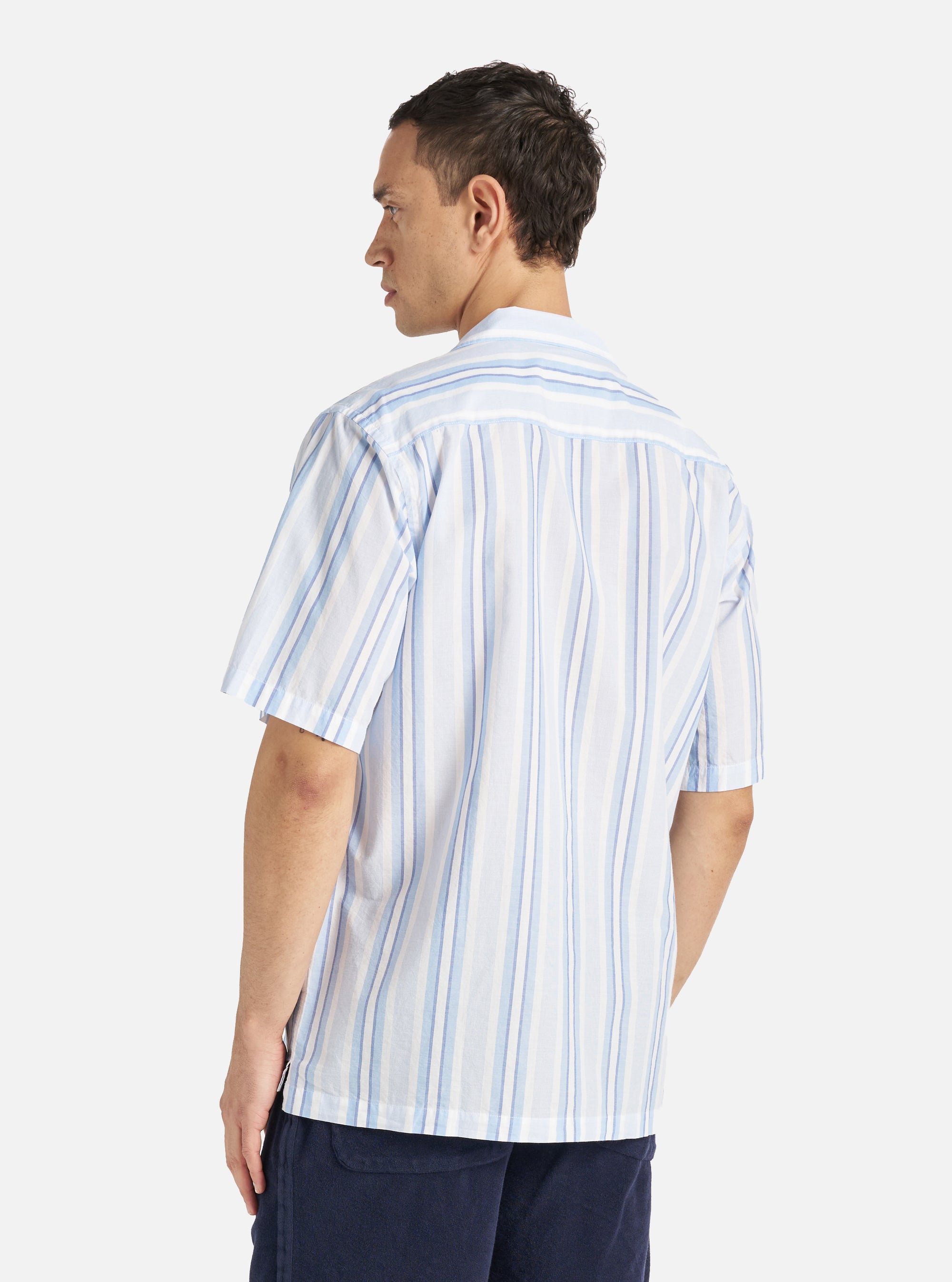 Universal Works Camp Shirt in White/Blue Pop Stripe Two