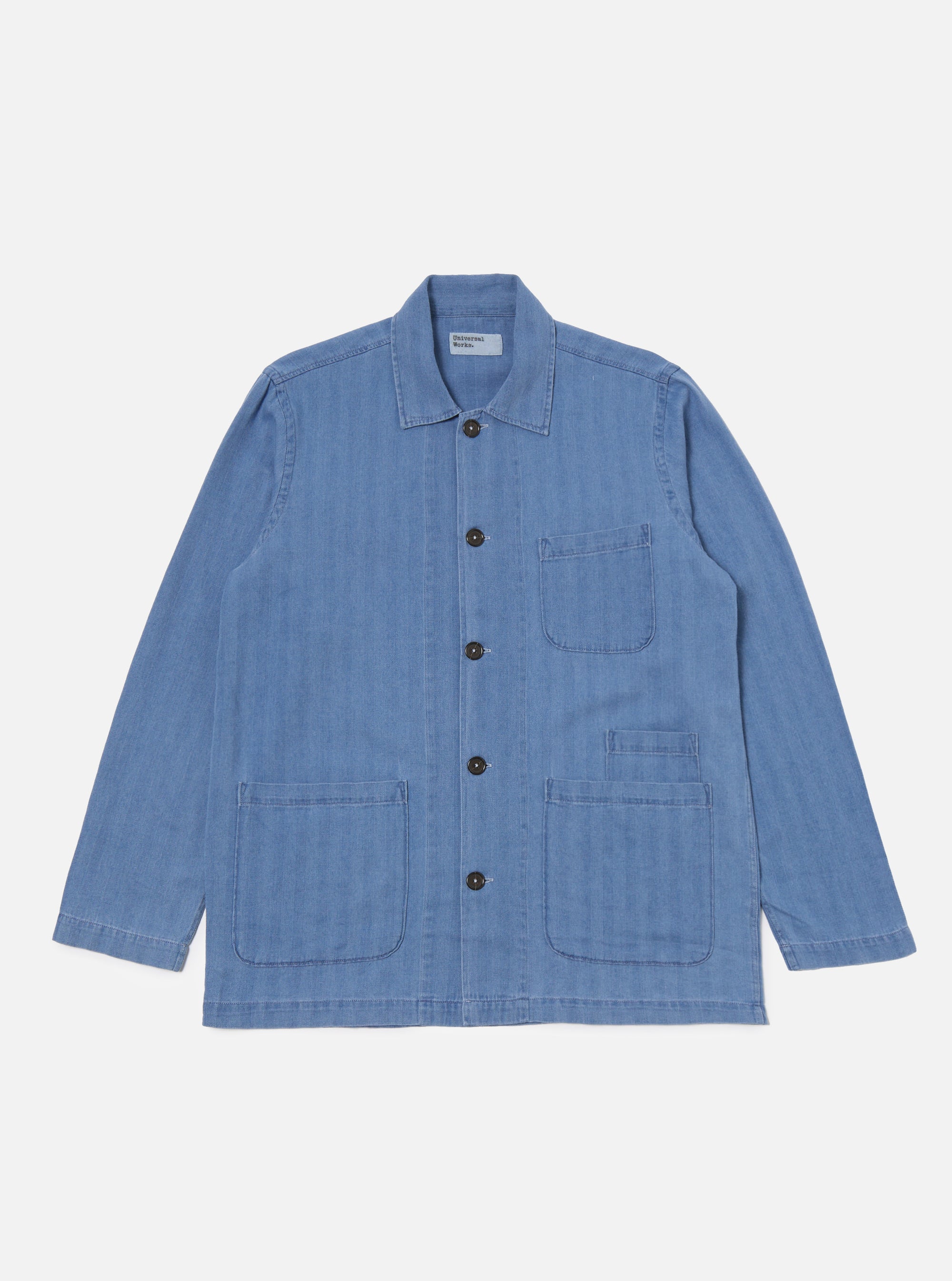 Universal Works Bakers Overshirt in Washed Indigo Herringbone Denim