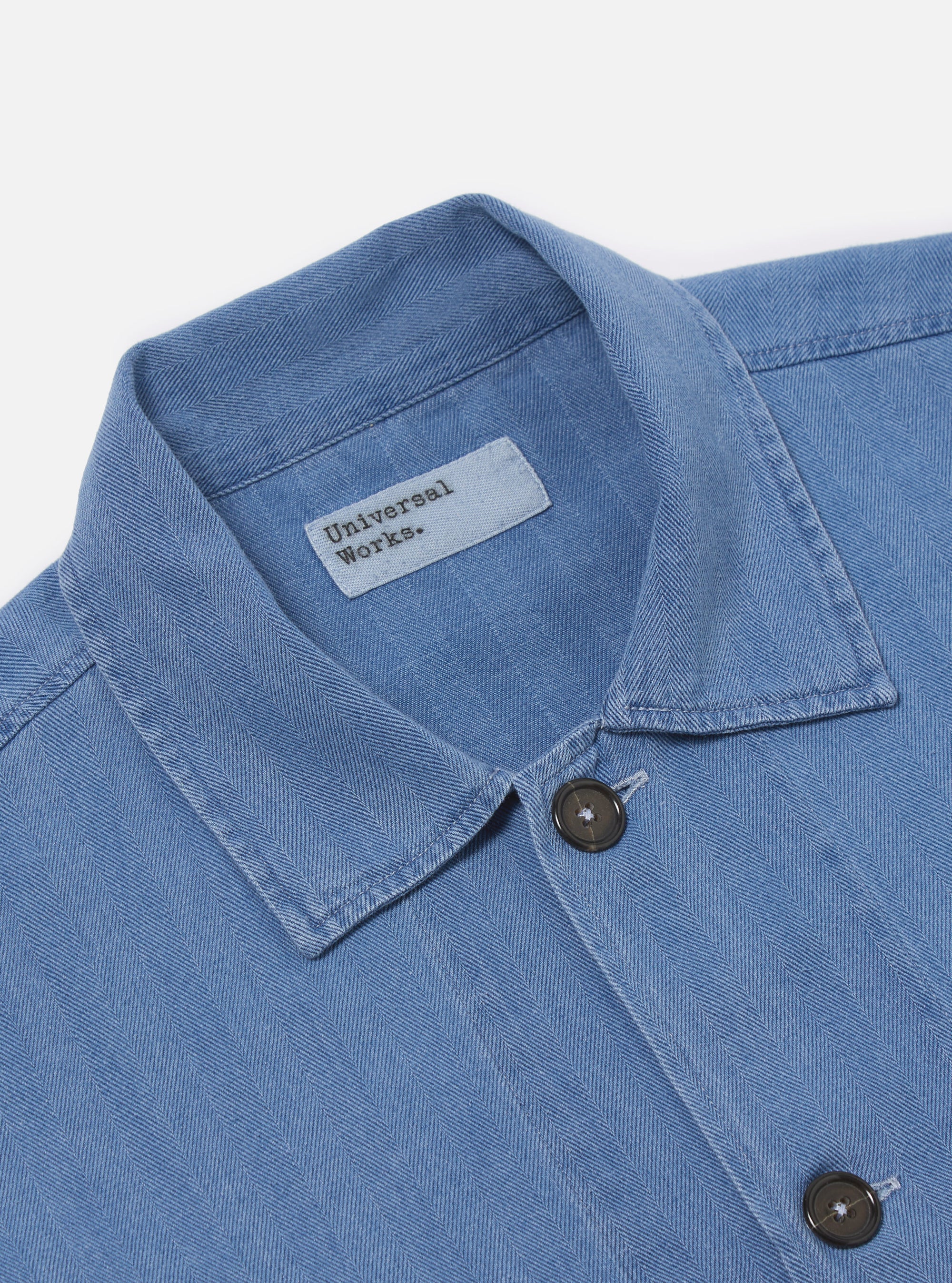 Universal Works Bakers Overshirt in Washed Indigo Herringbone Denim