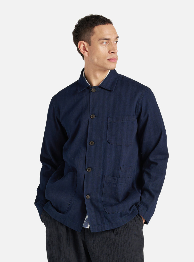 Universal Works Bakers Overshirt in Indigo Herringbone Denim