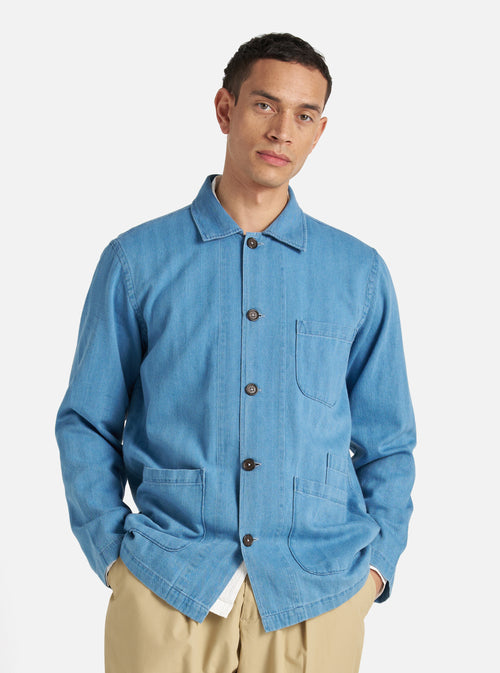 Universal Works Bakers Overshirt in Washed Indigo Herringbone Denim