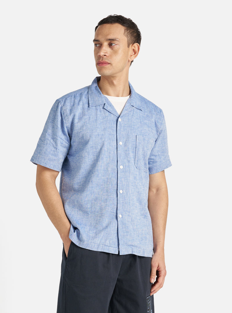Universal Works Road Shirt in Blue Slub Linen Mix