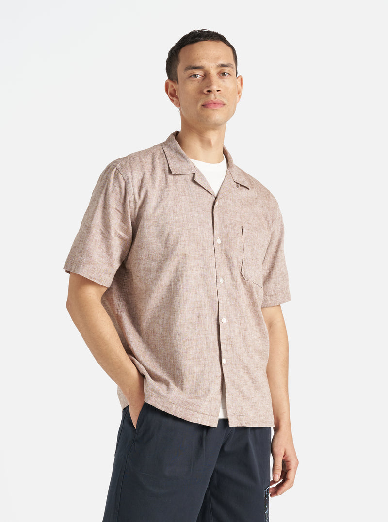 Universal Works Road Shirt in Brown Slub Linen Mix