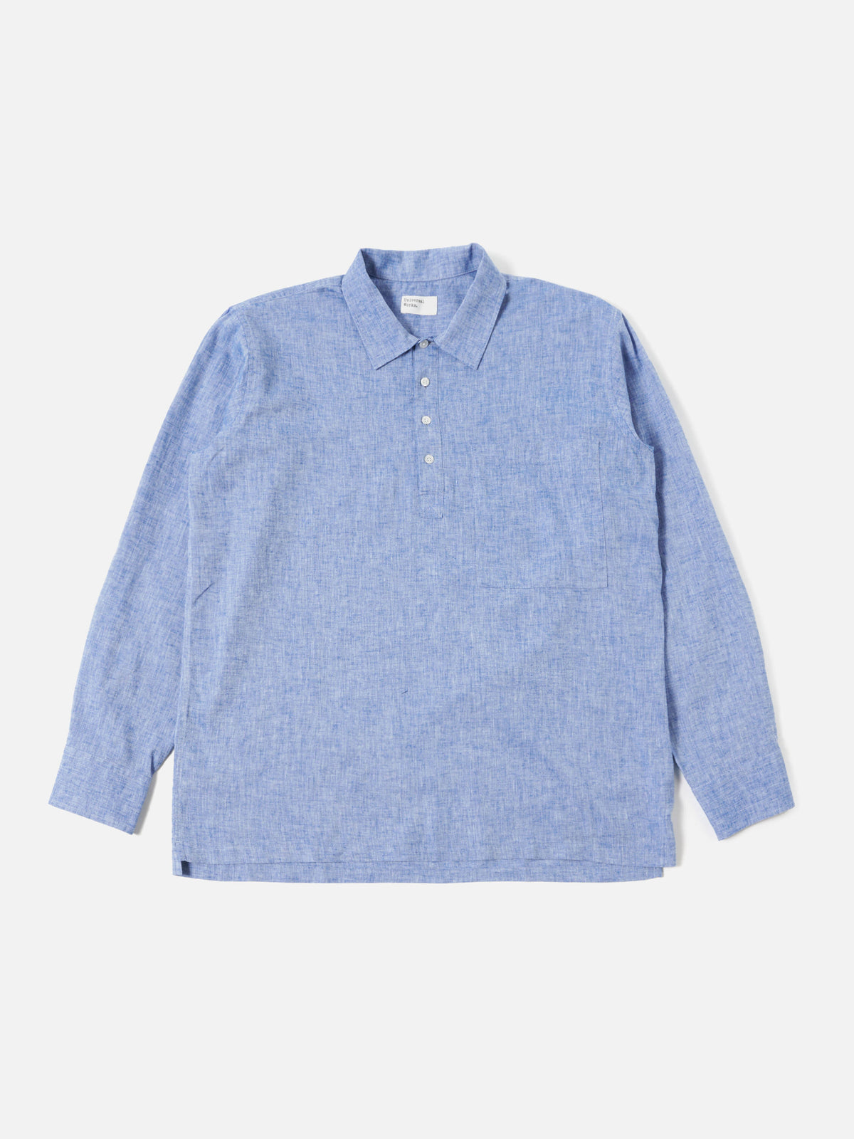 Universal Works Pullover LS Shirt in Blue Slub Linen Mix