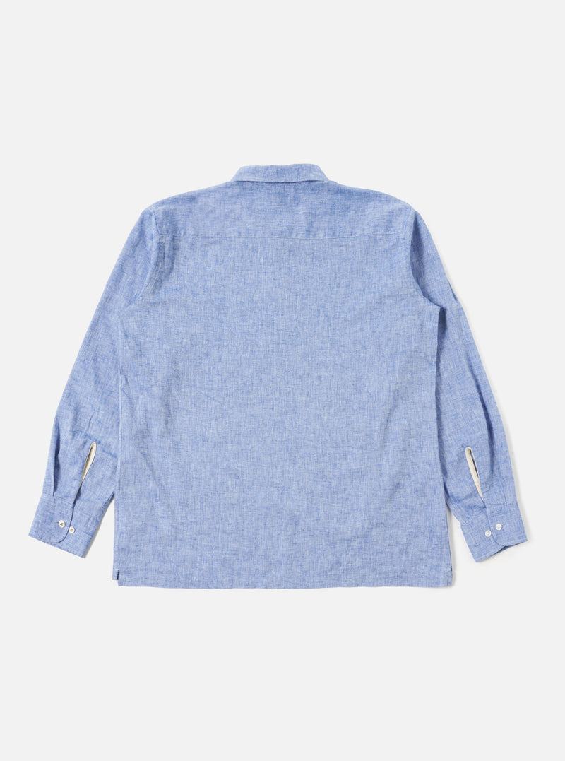 Universal Works Pullover LS Shirt in Blue Slub Linen Mix