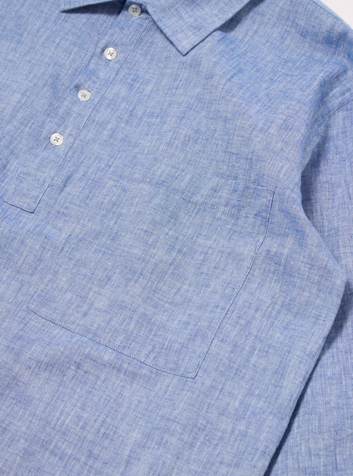 Universal Works Pullover LS Shirt in Blue Slub Linen Mix