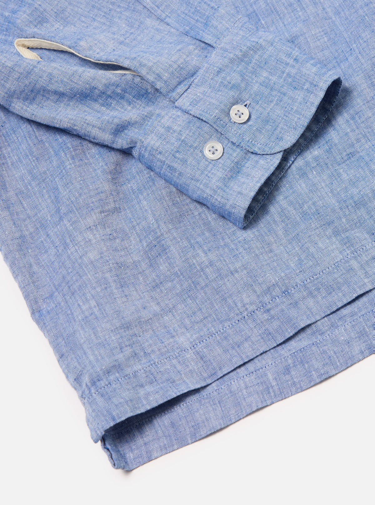 Universal Works Pullover LS Shirt in Blue Slub Linen Mix