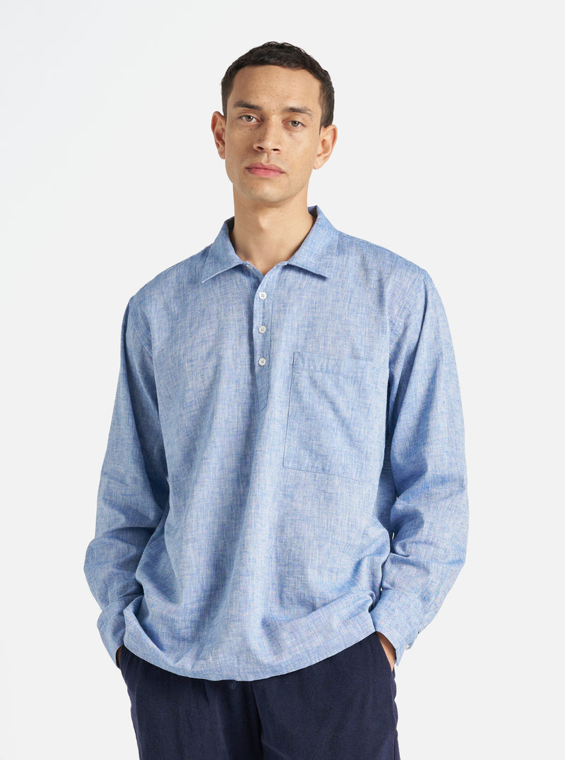 Universal Works Pullover LS Shirt in Blue Slub Linen Mix