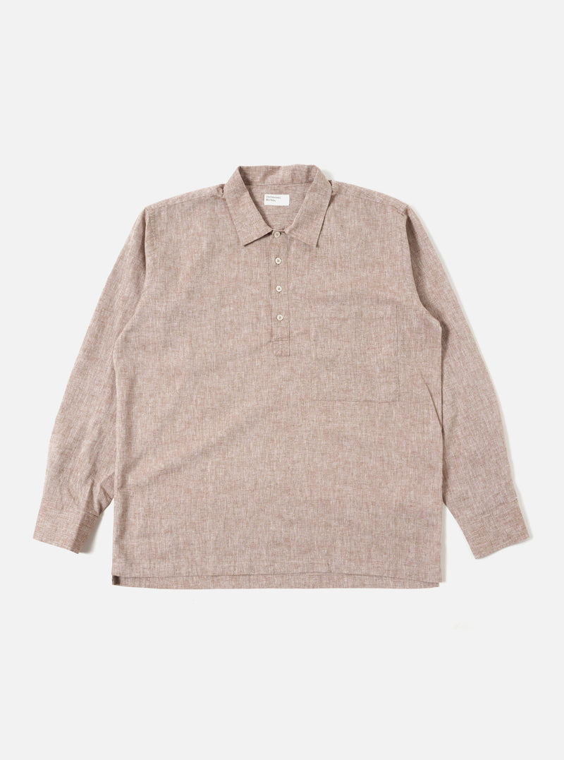 Universal Works Pullover LS Shirt in Brown Slub Linen Mix