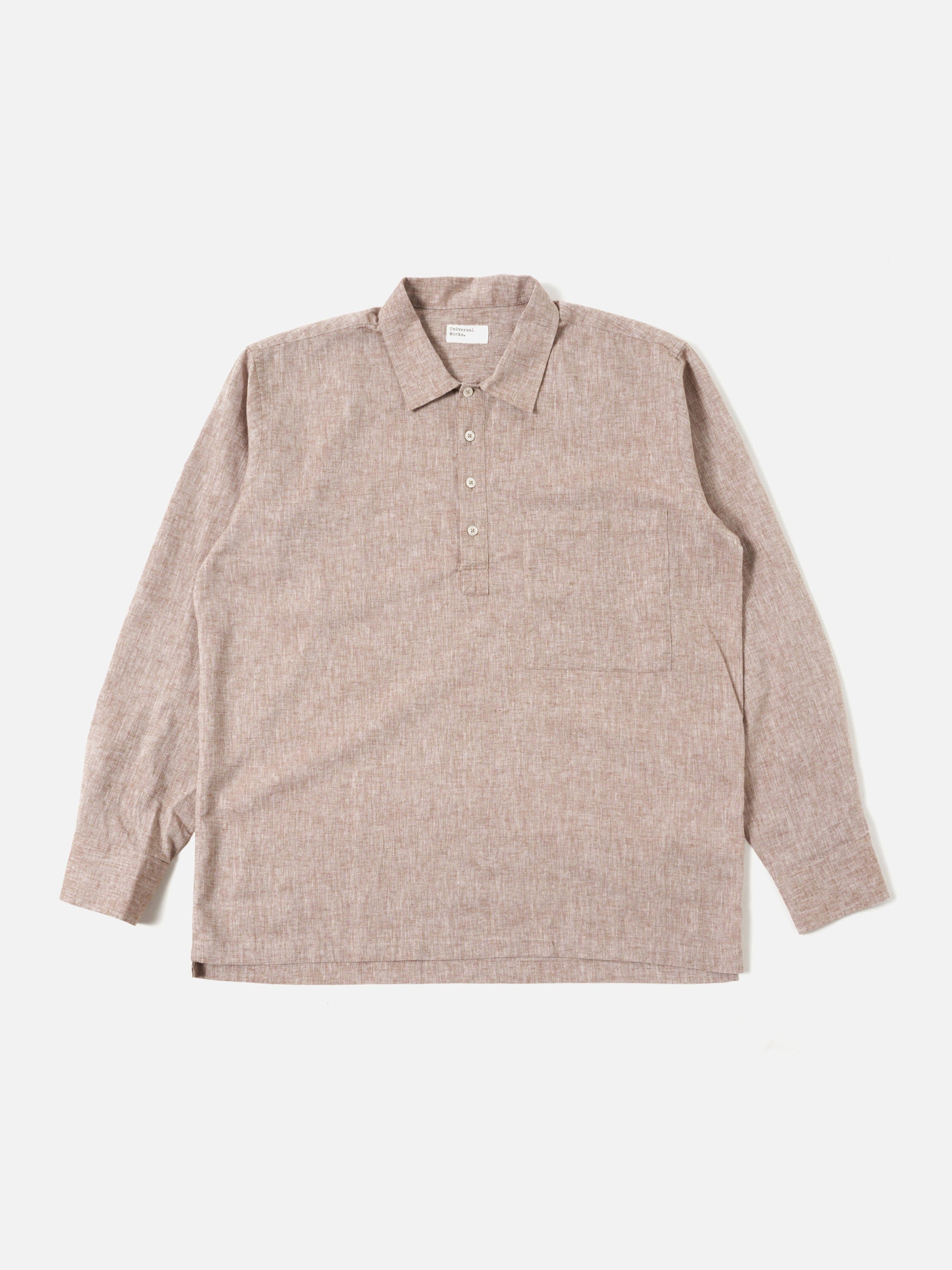 Universal Works Pullover LS Shirt in Brown Slub Linen Mix