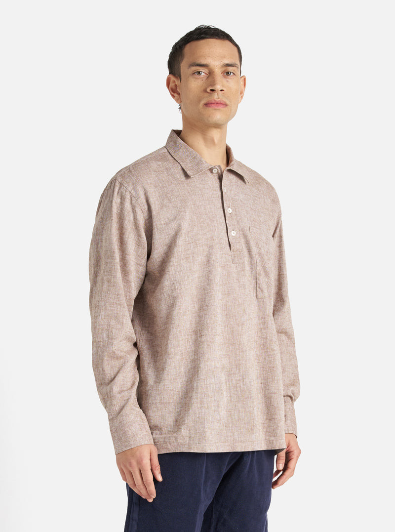 Universal Works Pullover LS Shirt in Brown Slub Linen Mix