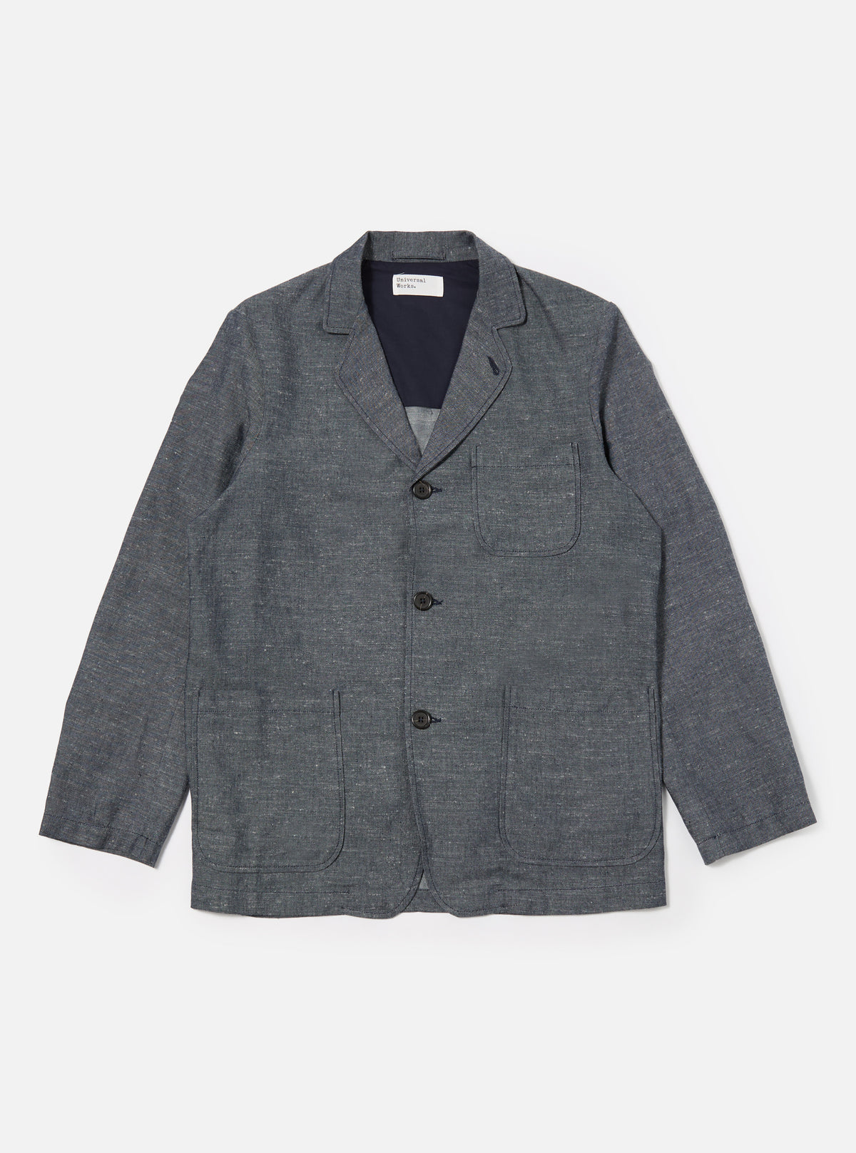 Universal Works Three Button Jacket in Denim Lord Cotton Linen