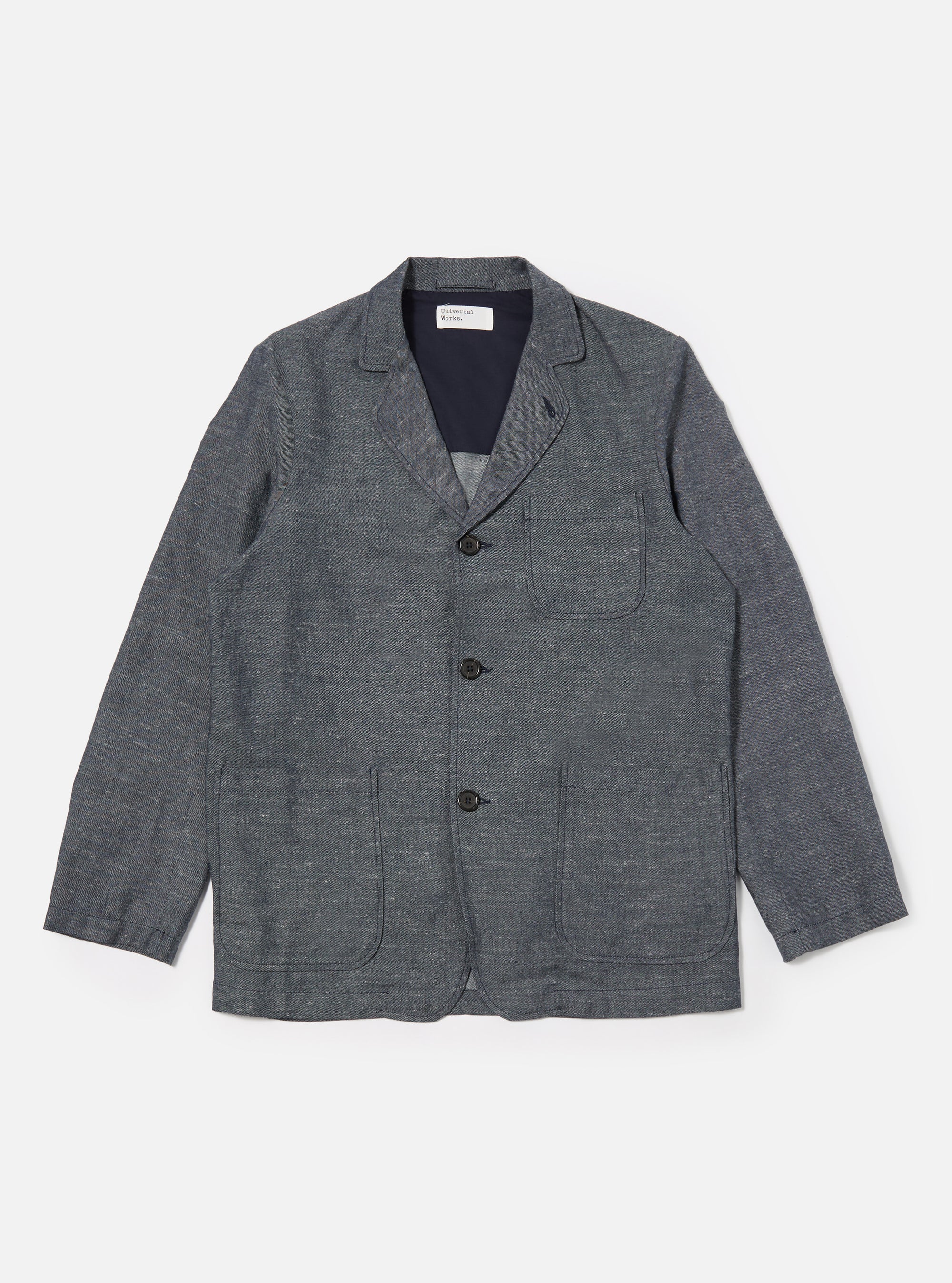 Universal Works Three Button Jacket in Denim Lord Cotton Linen