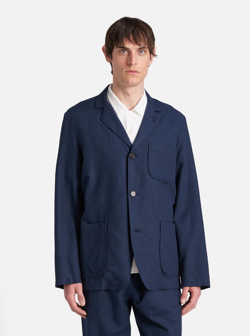 Universal Works Three Button Jacket in Navy Lord Cotton Linen