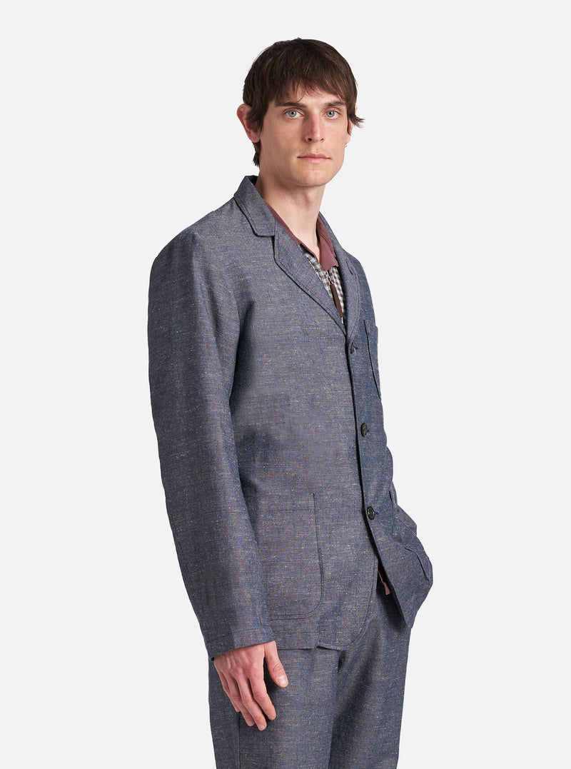 Universal Works Three Button Jacket in Denim Lord Cotton Linen