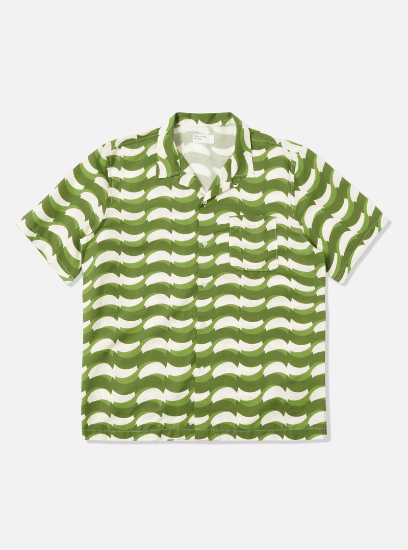 Universal Works Road Shirt in Green Geo Wave Print Cotton