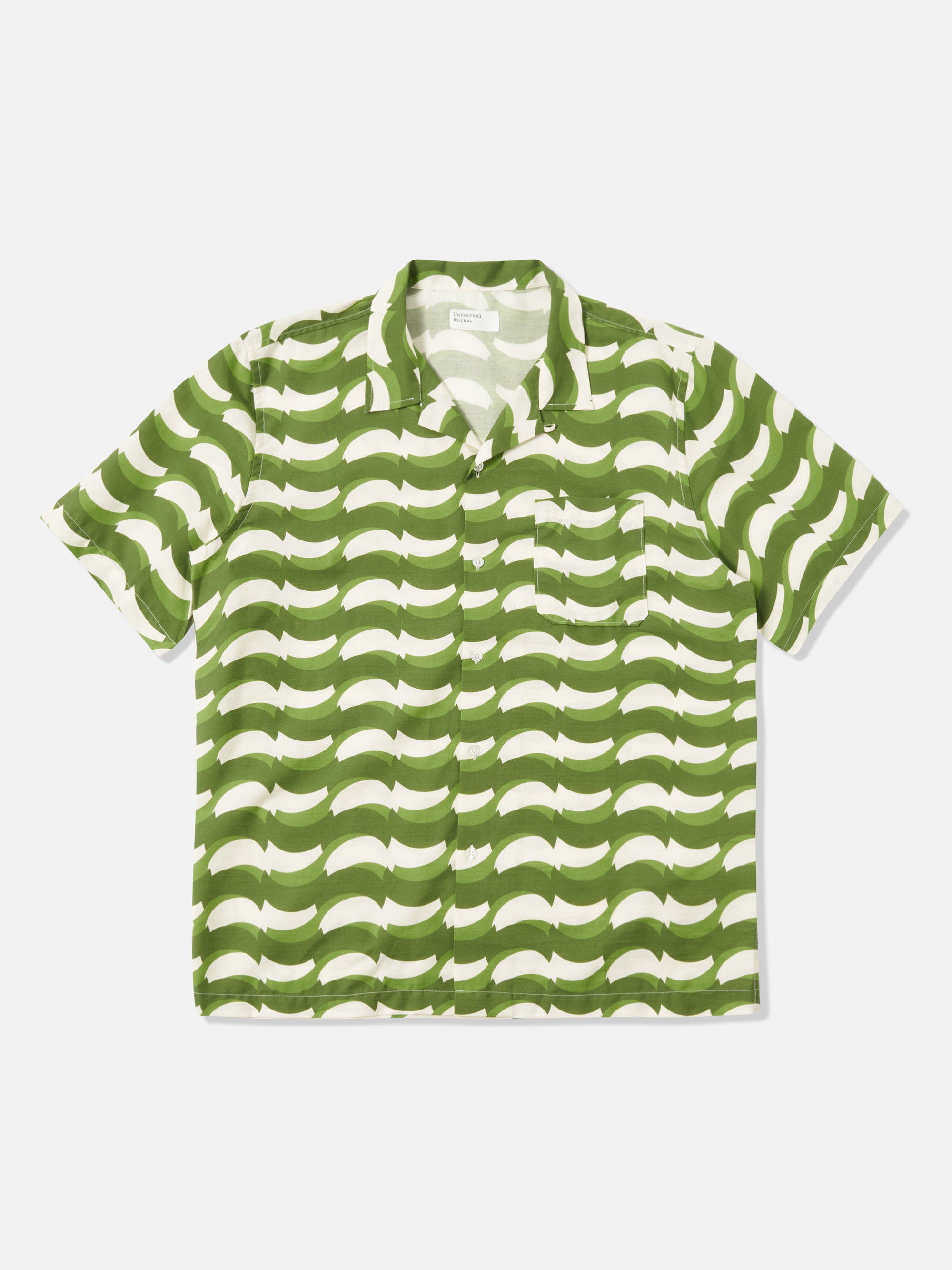 Universal Works Road Shirt in Green Geo Wave Print Cotton