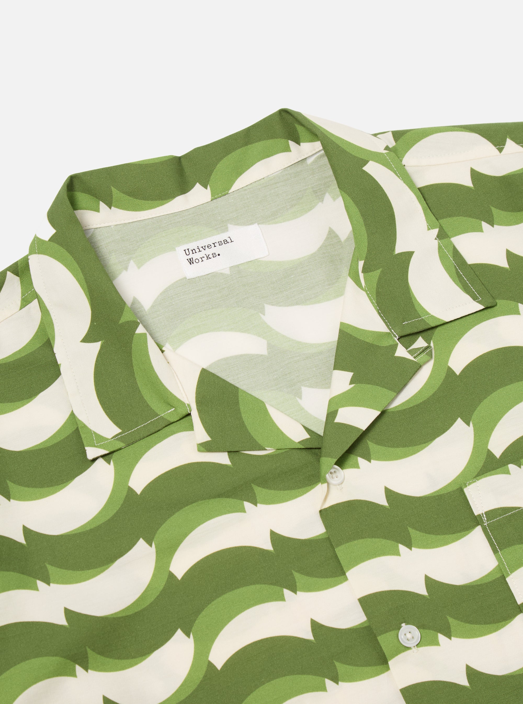 Universal Works Road Shirt in Green Geo Wave Print Cotton