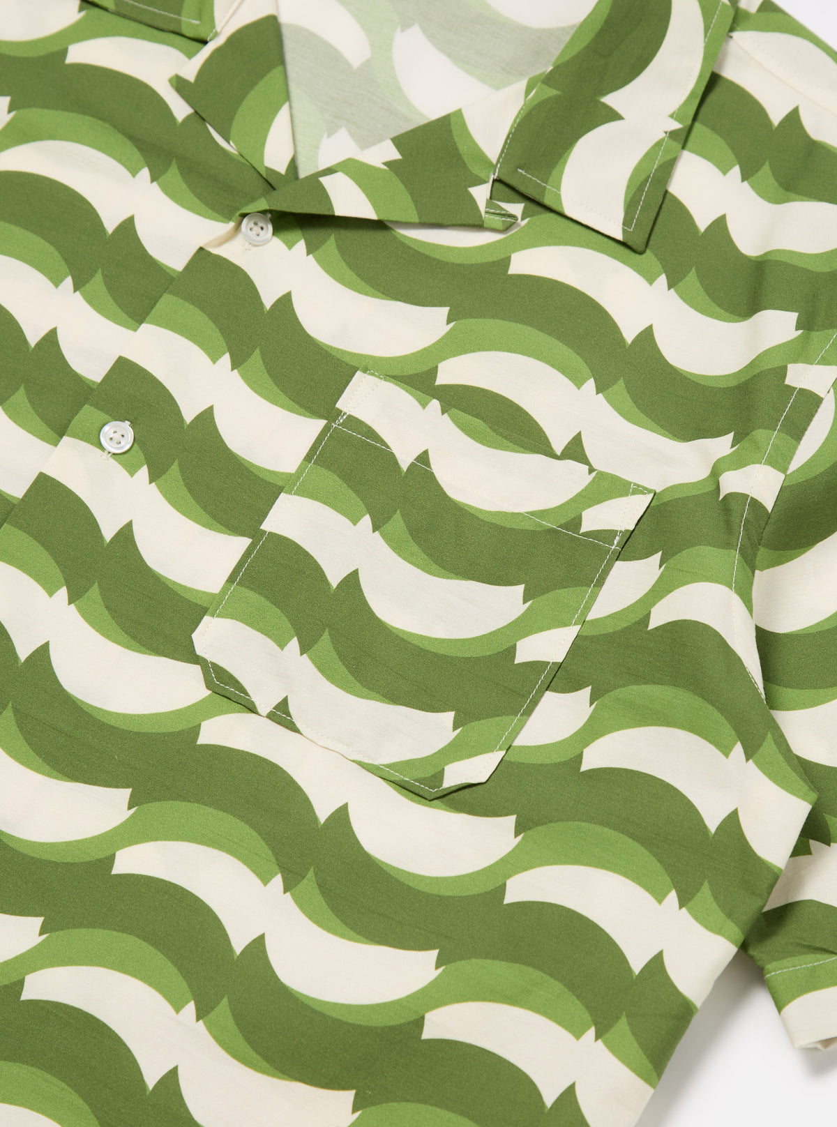 Universal Works Road Shirt in Green Geo Wave Print Cotton