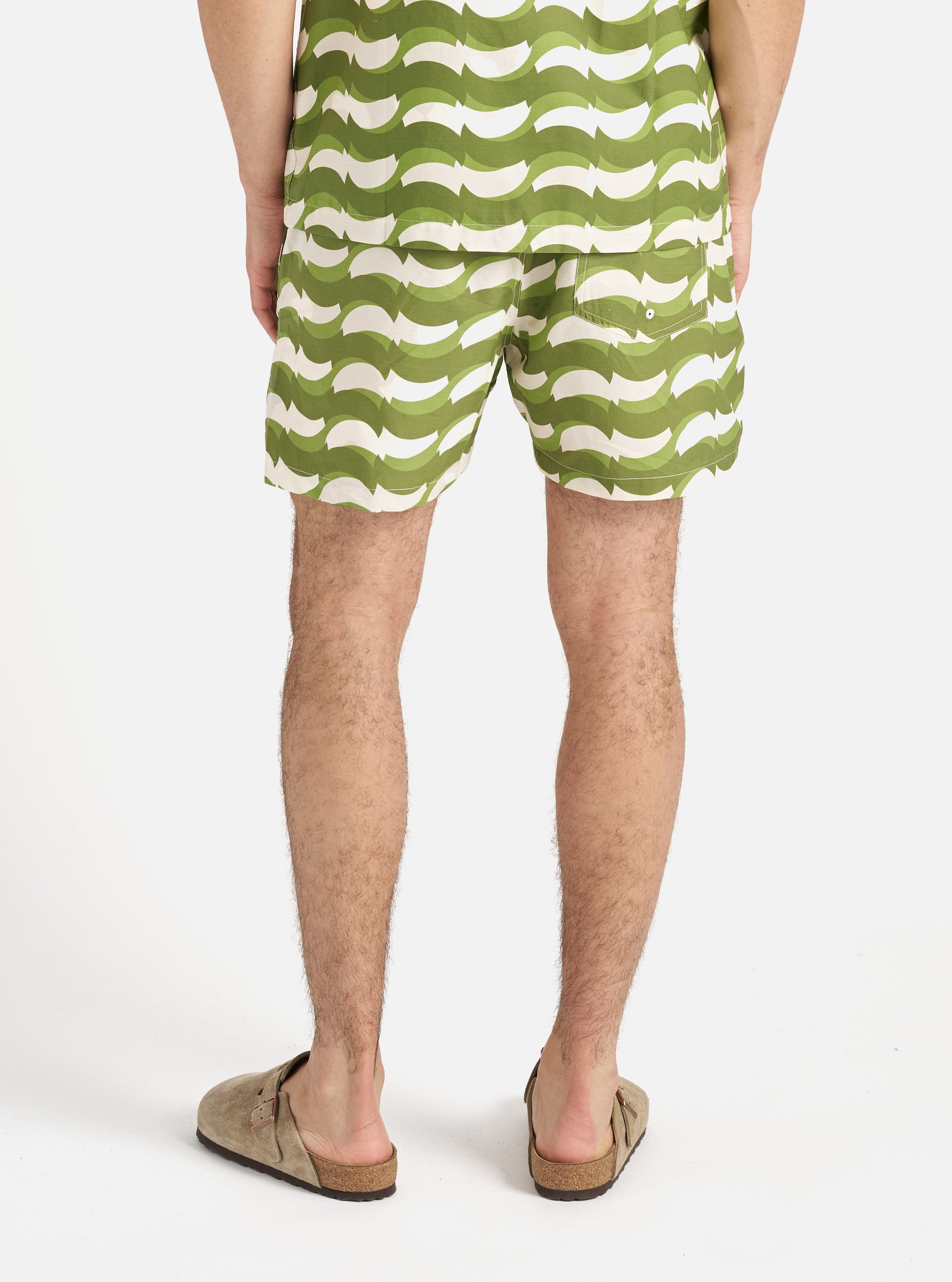 Universal Works Action Short in Green Geo Wave Print Cotton