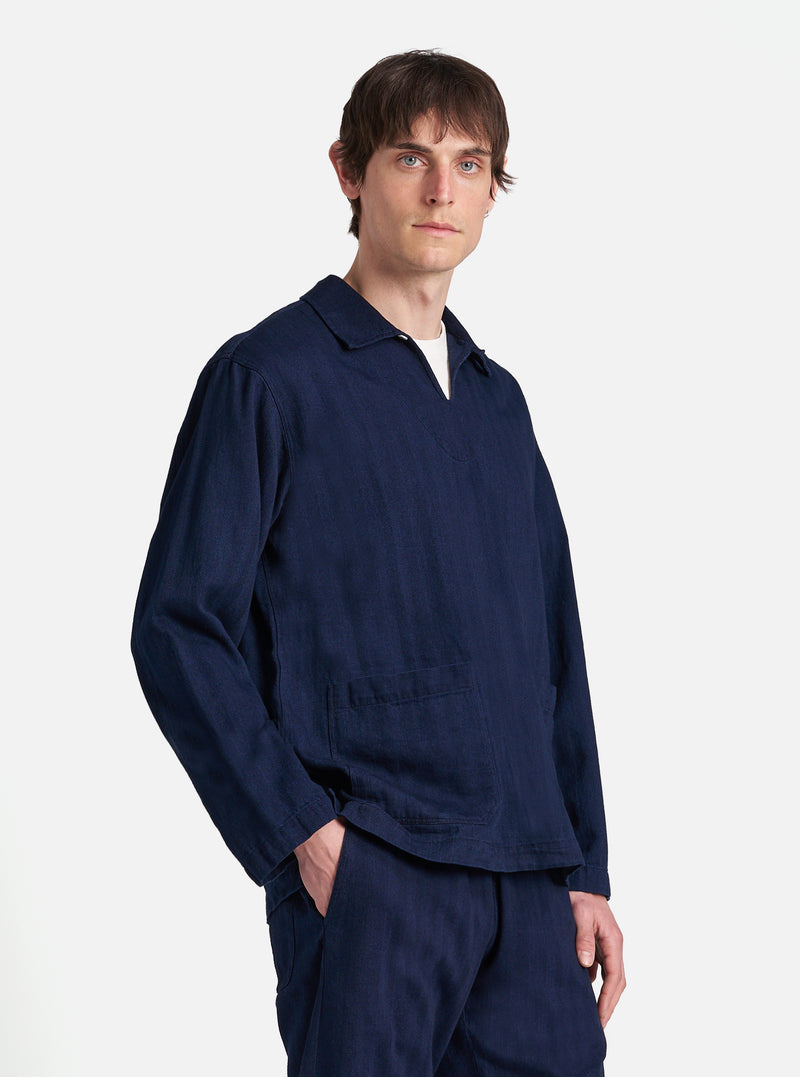 Universal Works Smock Overshirt in Indigo Herringbone Denim