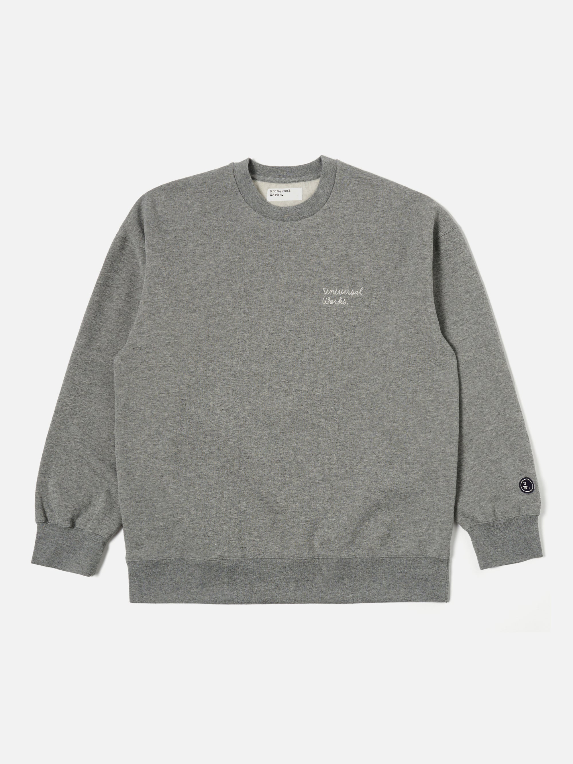 Universal Works Embroidered Loose Sweatshirt in Grey Marl Recycled Cotton Blend Jersey