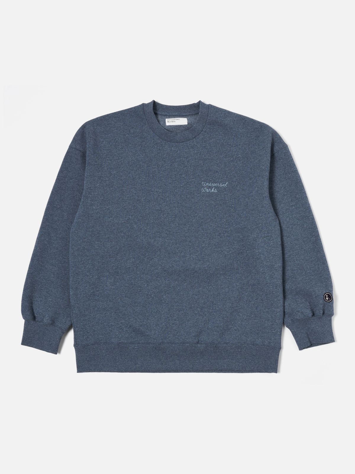 Universal Works Embroidered Loose Sweatshirt in Navy Recycled Cotton Blend Jersey