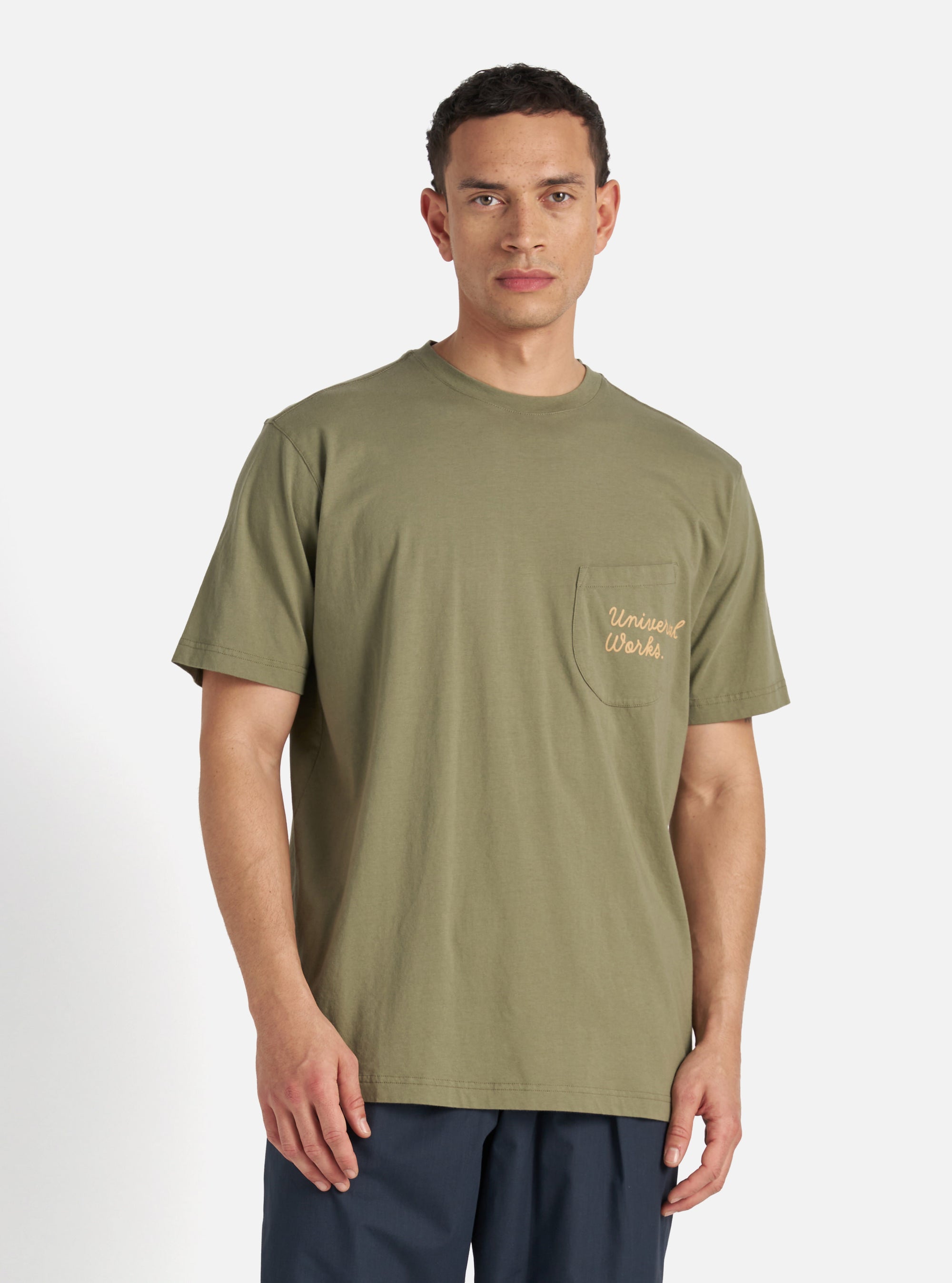 Universal Works Print Pocket Tee in Olive Organic Jersey