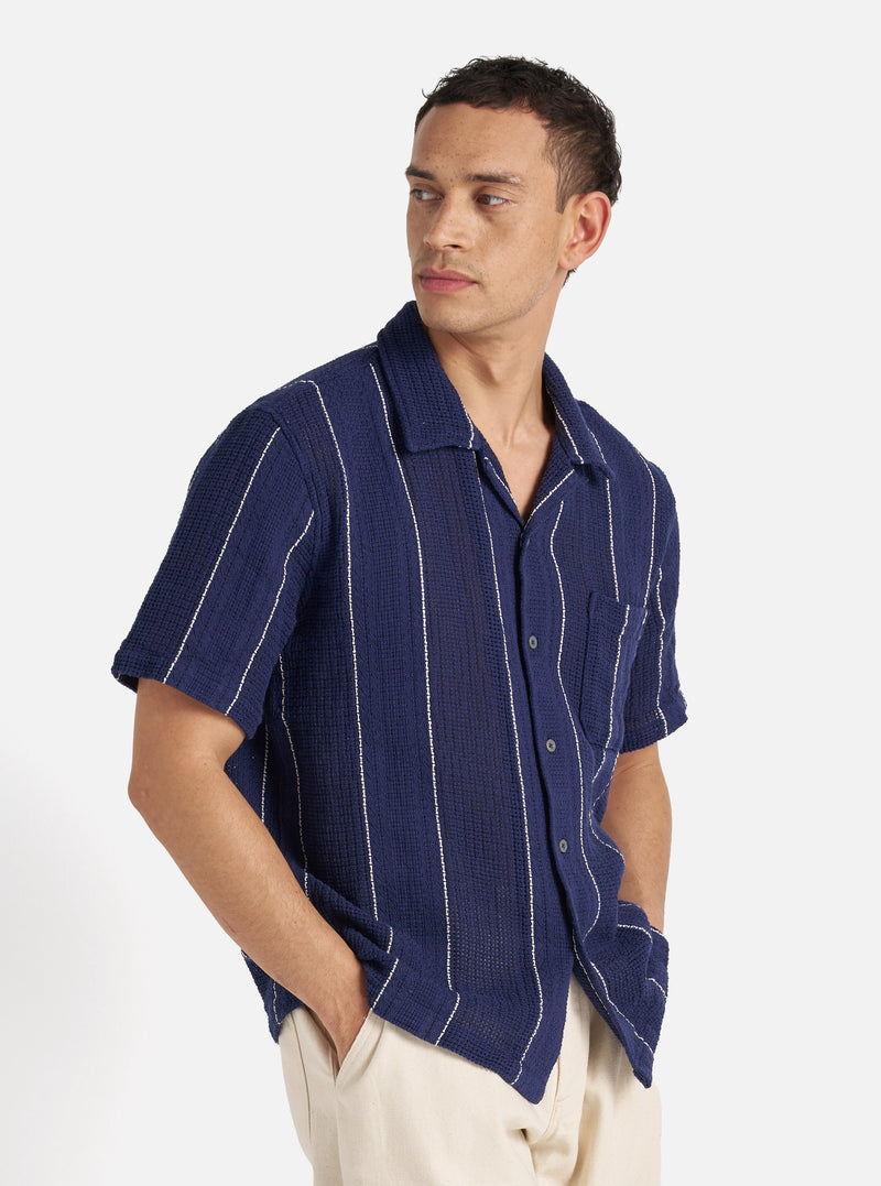 Universal Works Road Shirt in Navy Reef Stripe Cotton