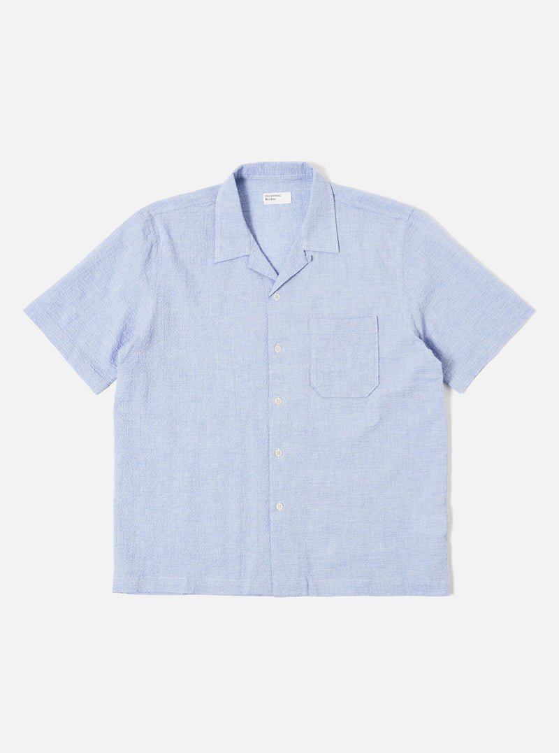 Universal Works Road Shirt in Pale Blue Seersucker