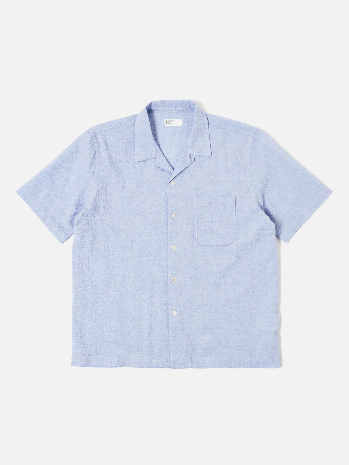 Universal Works Road Shirt in Pale Blue Seersucker