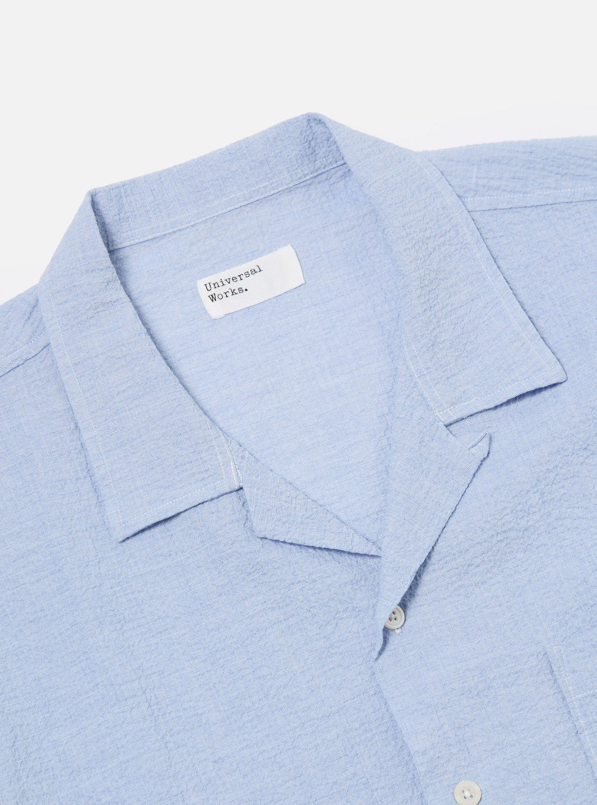 Universal Works Road Shirt in Pale Blue Seersucker