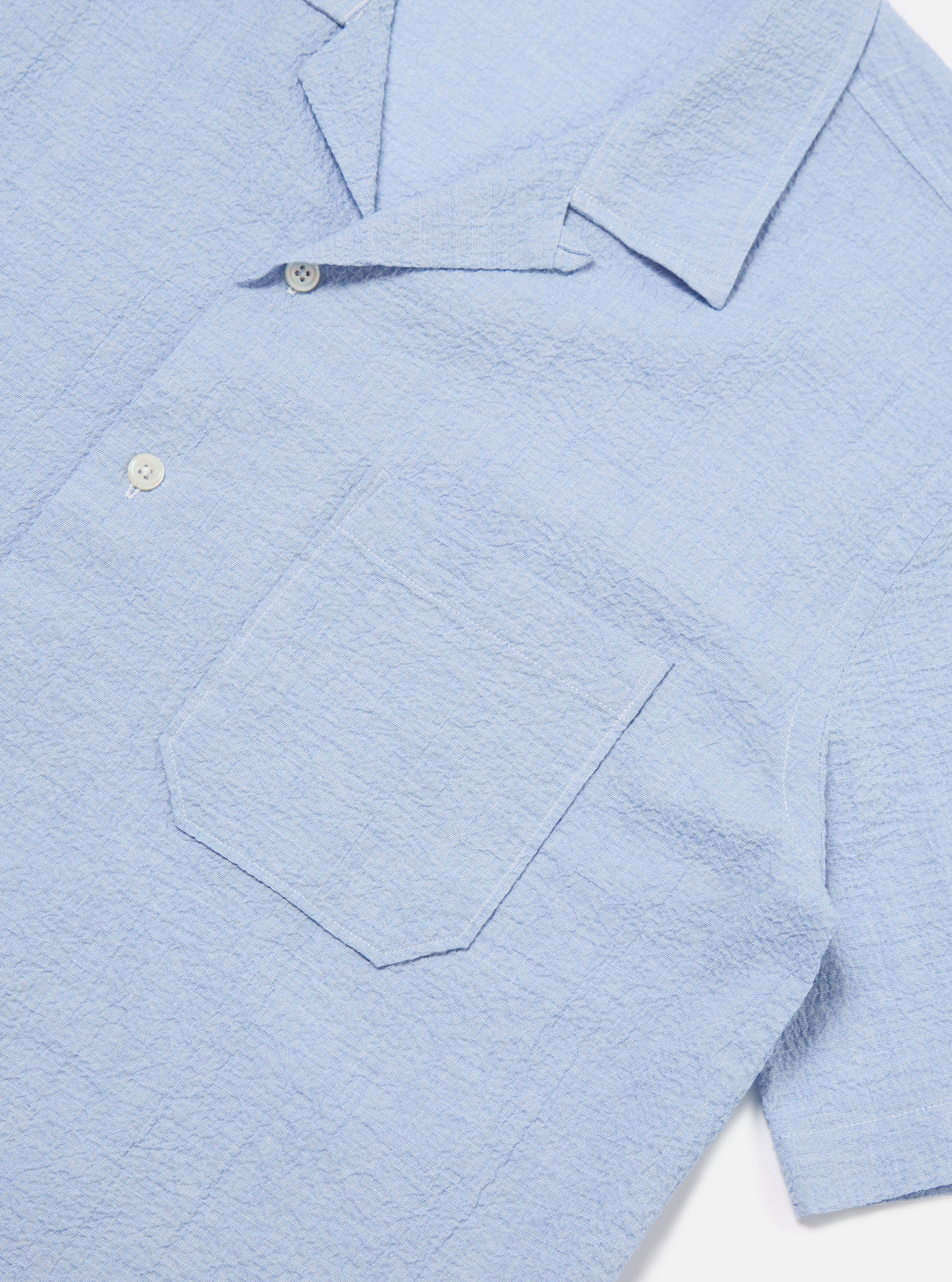 Universal Works Road Shirt in Pale Blue Seersucker