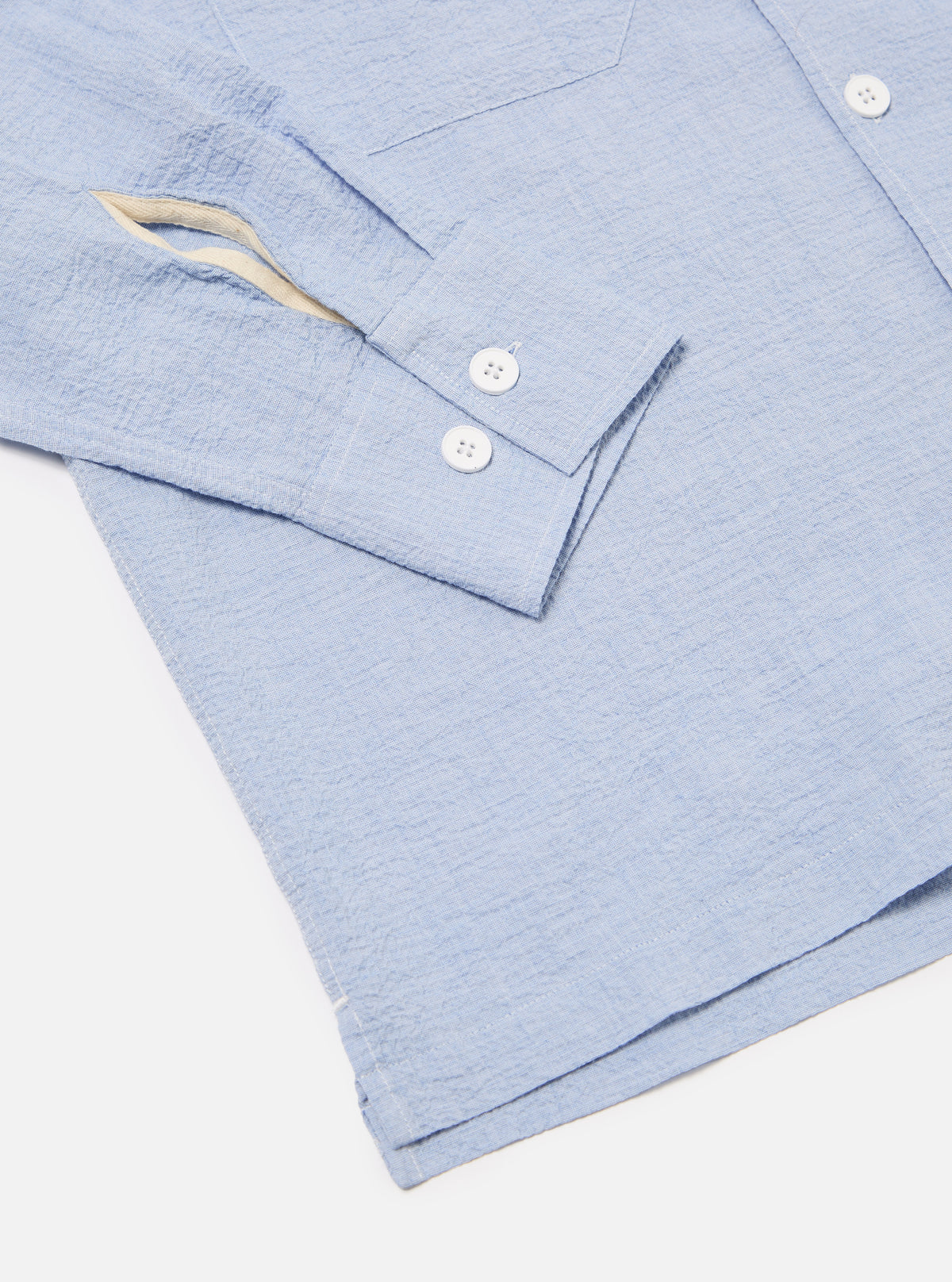 Universal Works L/S Utility Shirt in Pale Blue Seersucker