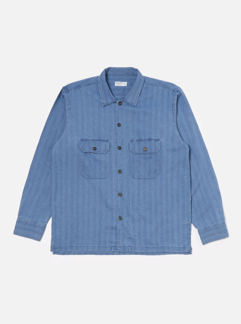 Universal Works L/S Utility Shirt in Washed Indigo Herringbone Denim