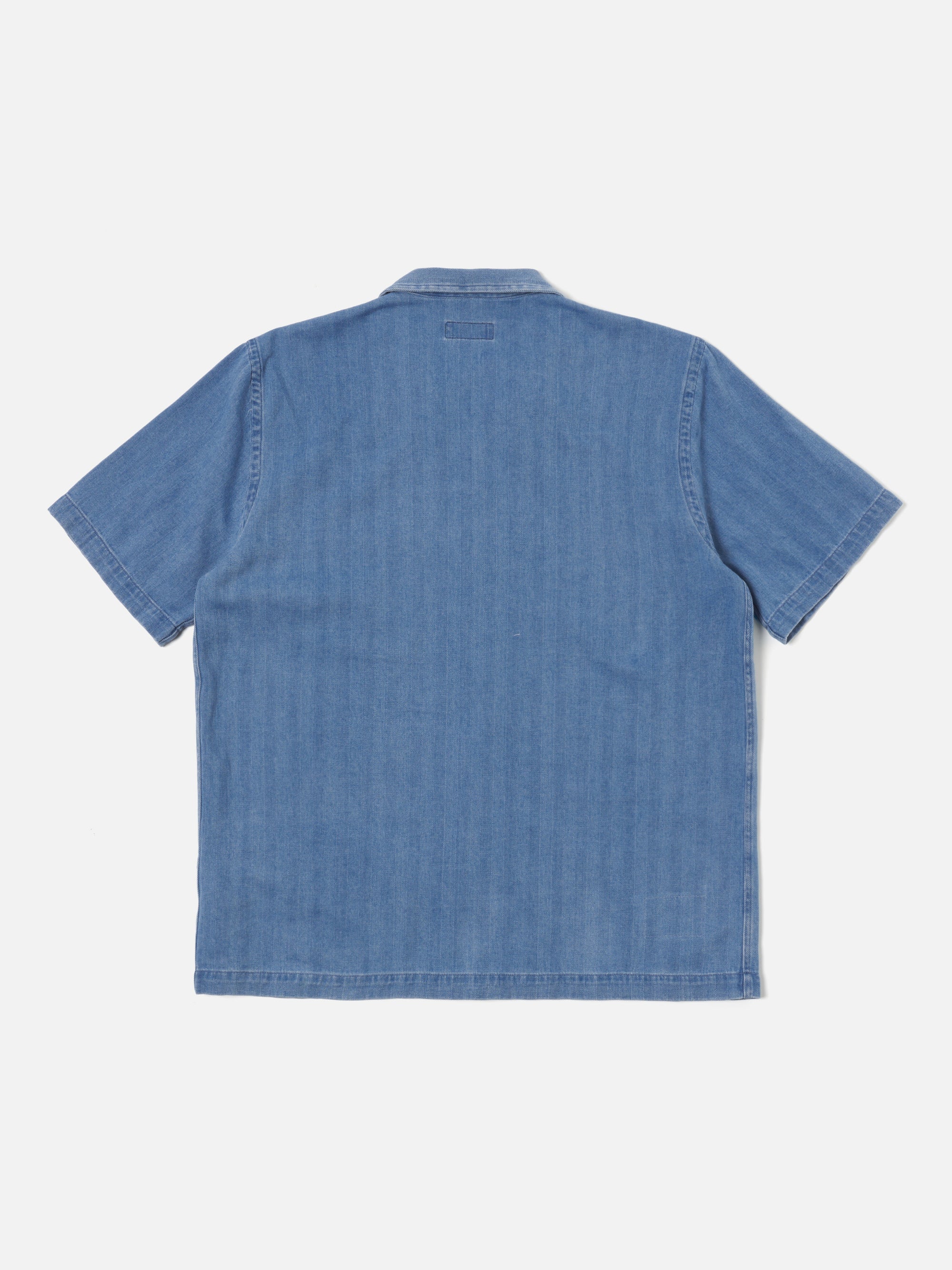 Universal Works Road Shirt in Washed Indigo Herringbone Denim