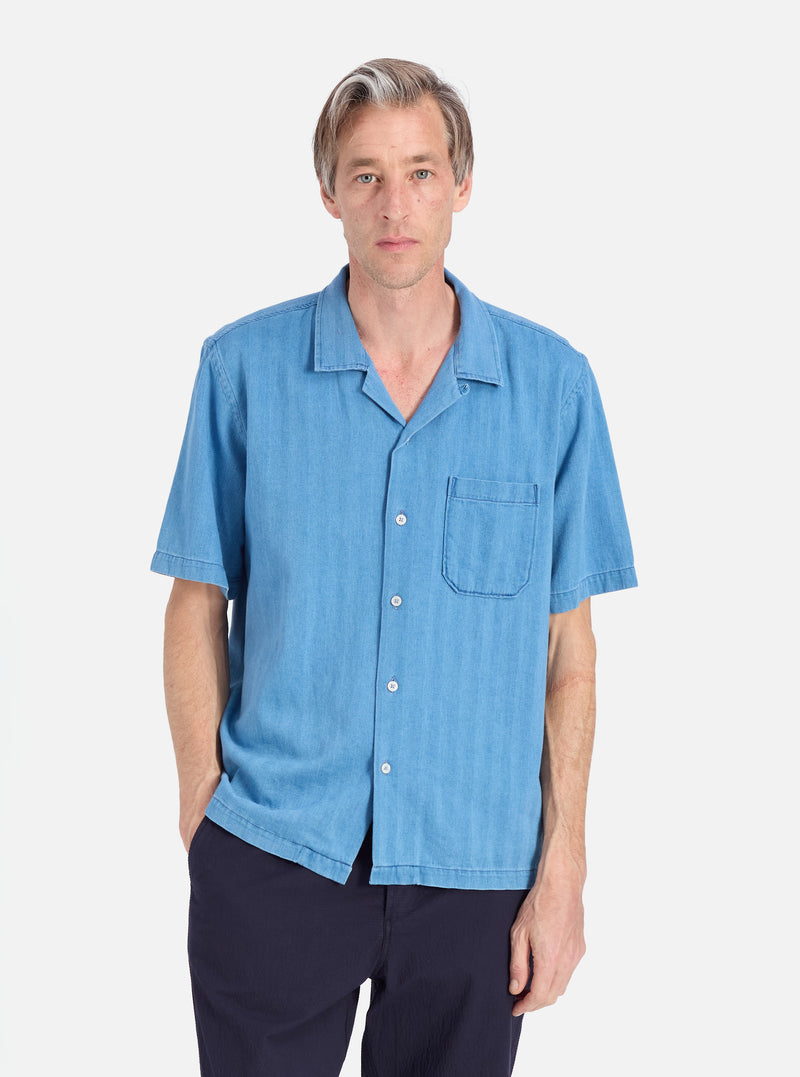 Universal Works Road Shirt in Washed Indigo Herringbone Denim