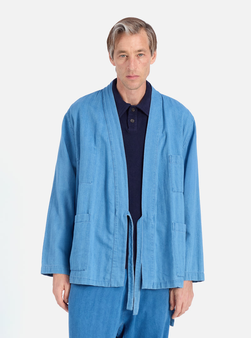 Universal Works Kyoto Work Jacket in Washed Indigo Herringbone Denim