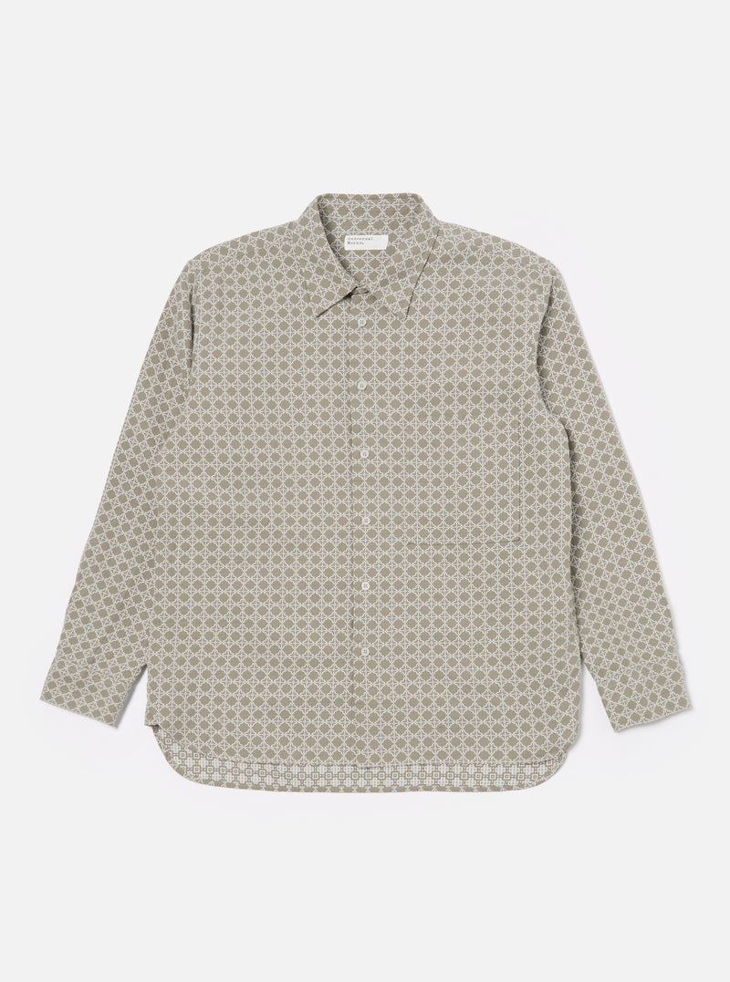 Universal Works Square Pocket Shirt in Sand/White Rhodes Cotton