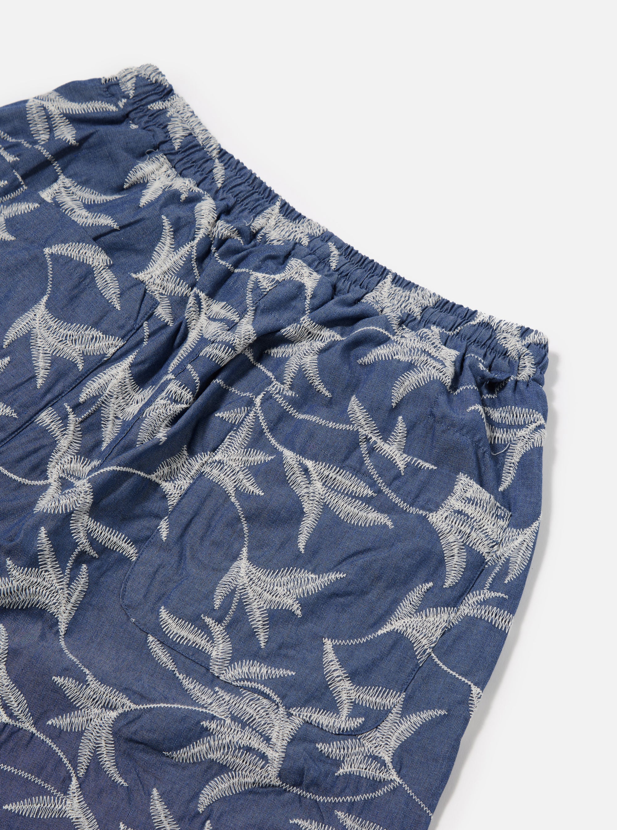 Universal Works Simple Short in Indigo Summer Jungle Cotton