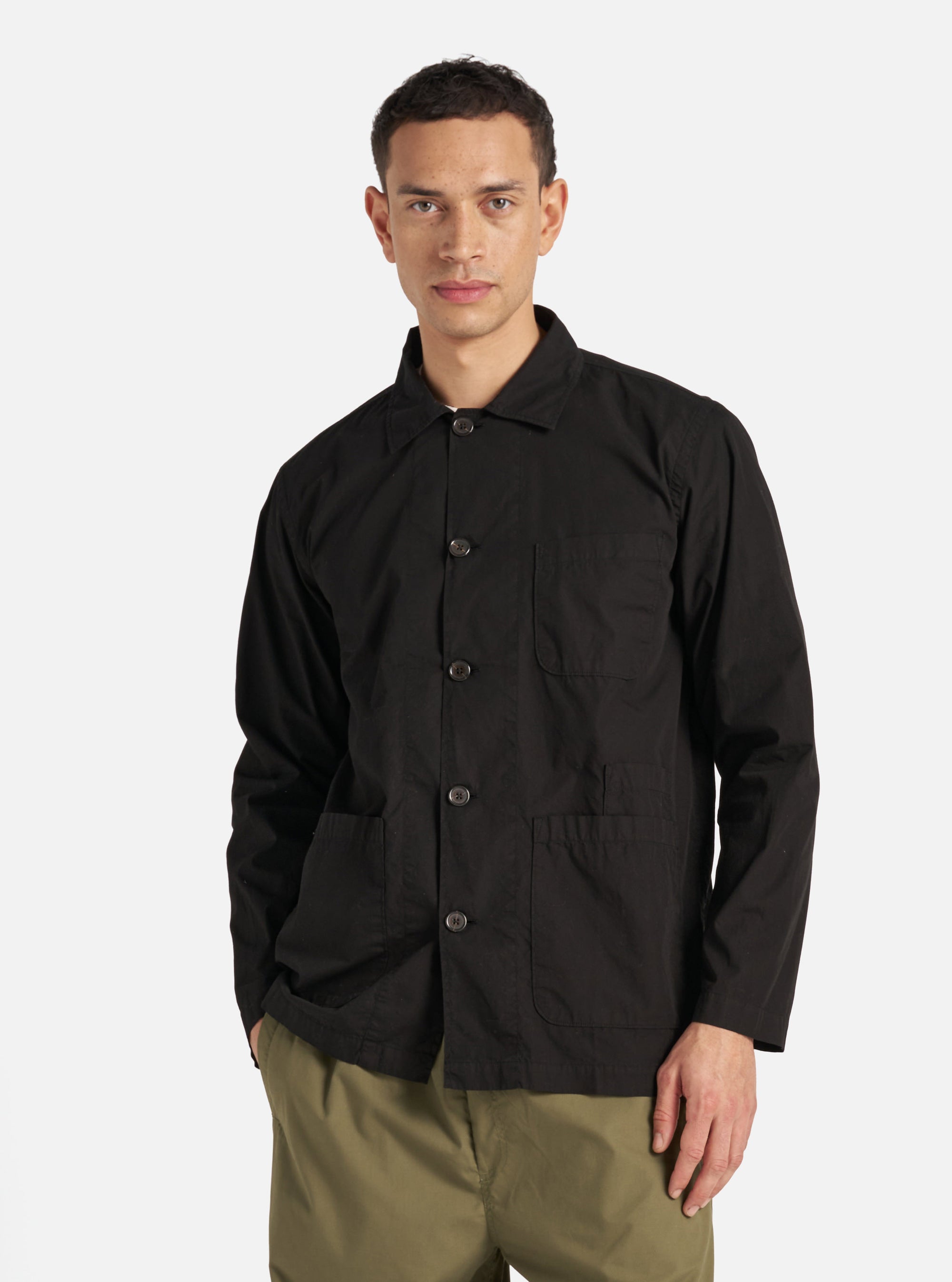 Universal Works Bakers Overshirt in Black Organic Fine Poplin