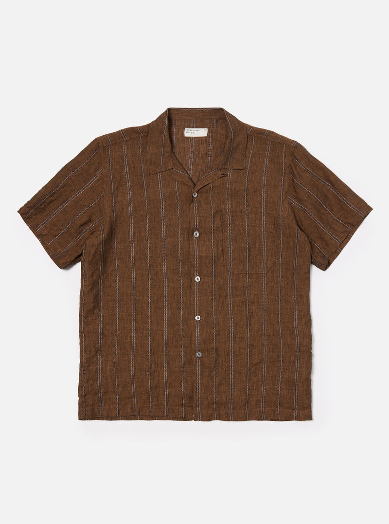 Universal Works Road Shirt in Brown Stripe Linen