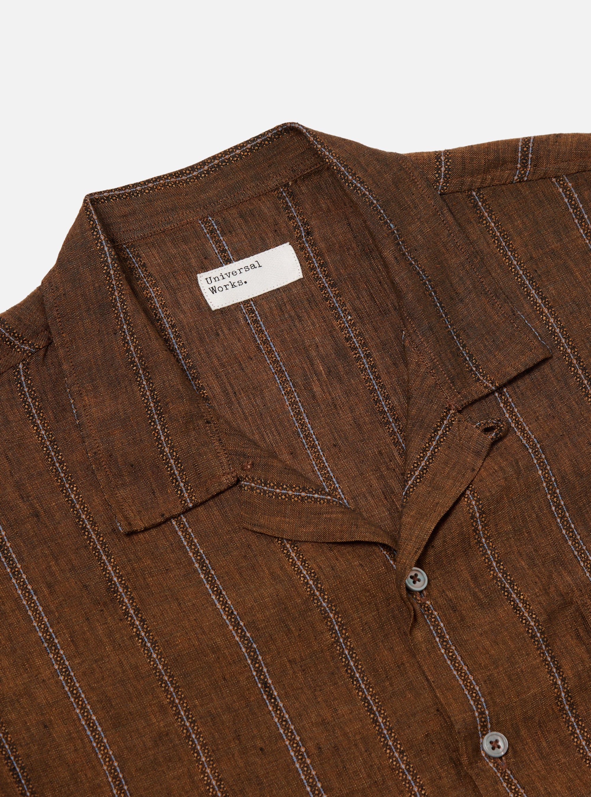 Universal Works Road Shirt in Brown Stripe Linen