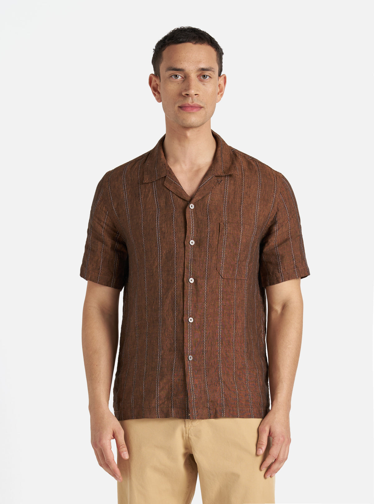 Universal Works Road Shirt in Brown Stripe Linen